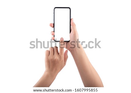 Smartphone in female hands taking photo isolated on white background Royalty-Free Stock Photo #1607995855