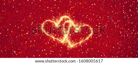 Beautiful Panoramic Valentine background. Template for design greeting card to Valentine's Day. Sparkling two hearts on red festive background. Holiday Wide Angle Web banner With Copy Space