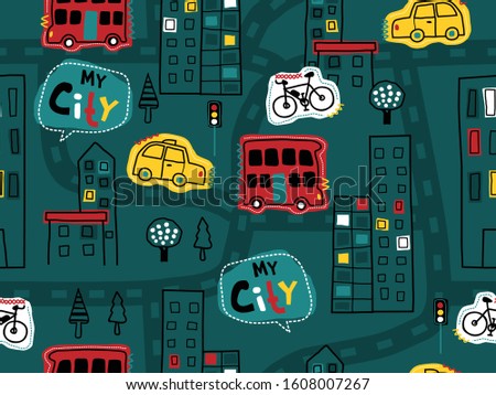 seamless pattern of hand drawn cityscape elements cartoon with vehicles, buildings and roads