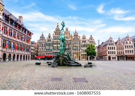 Market square in center of Antwerp with Brabo fountain, Belgium Royalty-Free Stock Photo #1608007555