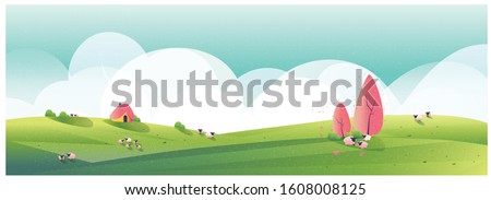 Panorama Vector illustration of Countryside landscape.Minimalist image of sheep farm in spring or summer.Green valley with bright sky and cloud.Image with noise and grain.Green and pink coral color.   Royalty-Free Stock Photo #1608008125