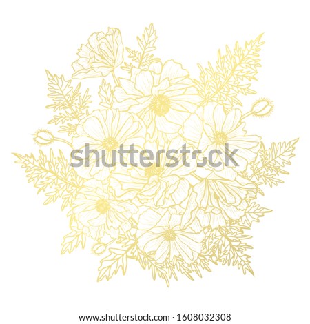 Decorative abstract golden poppy flowers, design elements. Can be used for cards, invitations, banners, posters, print design. Golden floral  background in line art style