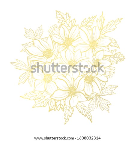 Decorative abstract golden anemone flowers, design elements. Can be used for cards, invitations, banners, posters, print design. Golden floral  background in line art style
