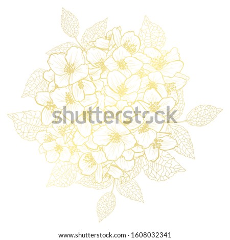 Decorative abstract golden jasmine flowers, design elements. Can be used for cards, invitations, banners, posters, print design. Golden floral  background in line art style