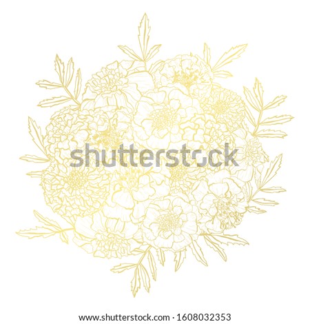 Decorative abstract golden marigold flowers, design elements. Can be used for cards, invitations, banners, posters, print design. Golden floral  background in line art style