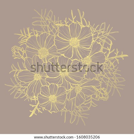 Decorative abstract golden cosmos flowers, design elements. Can be used for cards, invitations, banners, posters, print design. Golden floral  background in line art style