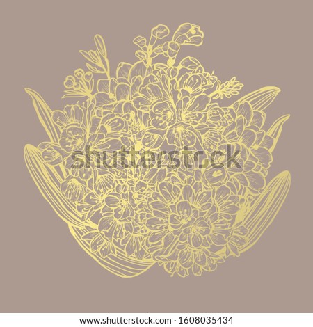 Decorative abstract golden clivia flowers, design elements. Can be used for cards, invitations, banners, posters, print design. Golden floral  background in line art style