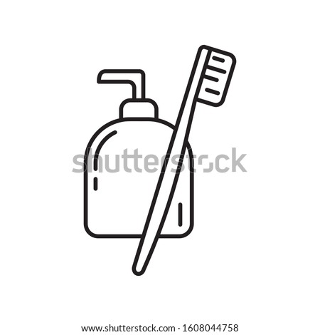 Liquid toothpaste with toothbrush icon. Thin line art template for personal care products. Black and white simple illustration. Contour hand drawn isolated vector image on white background