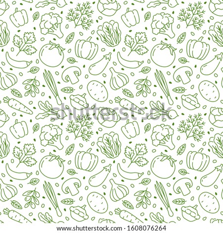 Food background, vegetables seamless pattern. Healthy eating - tomato, garlic, carrot, pepper, broccoli, cucumber line icons. Vegetarian, farm grocery store vector illustration, green white color. Royalty-Free Stock Photo #1608076264