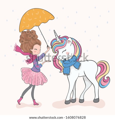 Cute girl and lovely unicorn with umbrella in the rain, vector illustration.