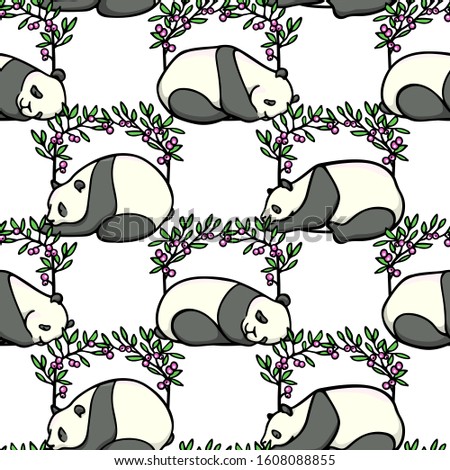 Vector seamless pattern with hand drawn cute sleeping pandas in floral wreath. Ink drawing, beautiful animal design elements. Perfect for prints and patterns
