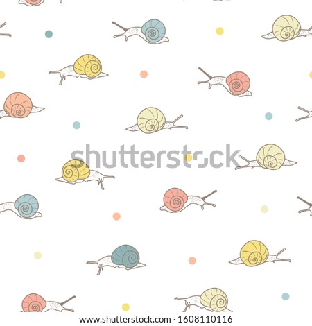 Vector Cheerful Snails Lineart with Dots seamless pattern background.