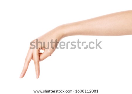 Woman hand walking gesture isolated on white.