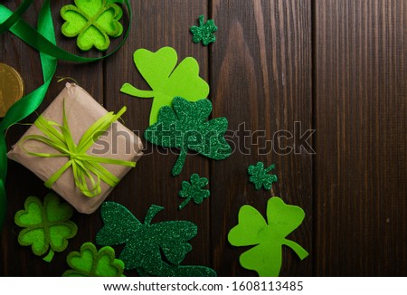 Happy st. Patrick's day. Card with lucky clover.  Irish festival symbol.  concept background with gift. Copy space.