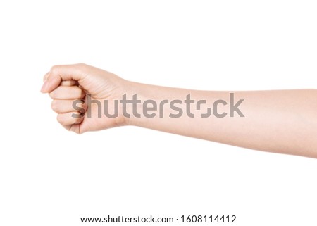 Woman hand make a fist isolated on white.