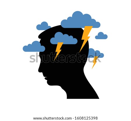 Depression mental health and high anxiety vector conceptual illustration or logo visualized by man face profile and dark clouds over his head. Royalty-Free Stock Photo #1608125398