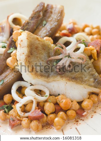 Pan Fried Cod Fillet and Baby Squid with Braised Belly Pork and Chick Peas