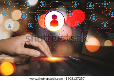 Woman hand using smart phone and laptop at coffee shop with people line dot and bokeh abstract background. Technology business and freelance working concept. Vintage tone filter effect color.
