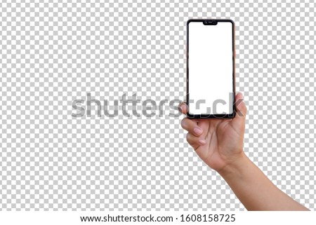 hand holding a new smartphone isolated on a transparent background  
with the clipping path.