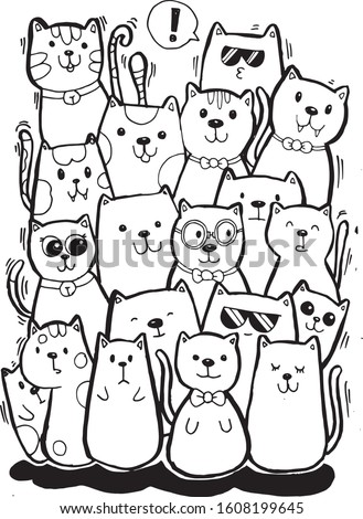 Black and white Hand draw vector, Cat Characters set style doodles illustration coloring for children vector.