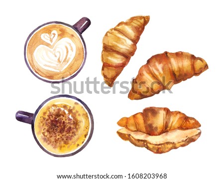 Watercolor hand painted breakfast cappuccino, latte coffee cups and croissants illustration set isolated on white background