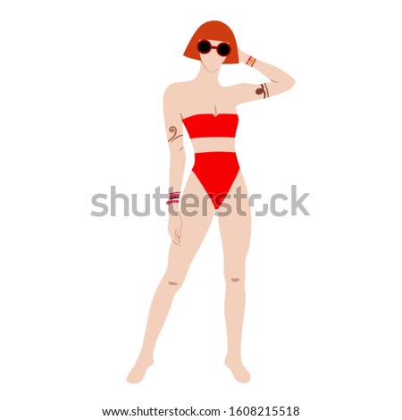 Blonde Hippie girl in a red swimsuit isolated on white background. Subculture. Cartoon. Hand-Drawn Flat Vector illustration.