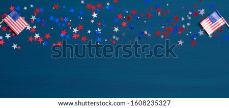 American flags and confetti stars on blue background. Happy Presidents Day Banner mockup. USA Independence Day, Labor Day, Memorial Day, US election concept.