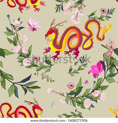 Golden Chinese dragon surrounded by tropical flowers on sage and beige background seamless vector pattern. Picture with a mythical animal. EPS10