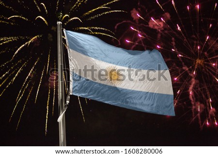 Argentina flag blowing in the wind at night with fireworks