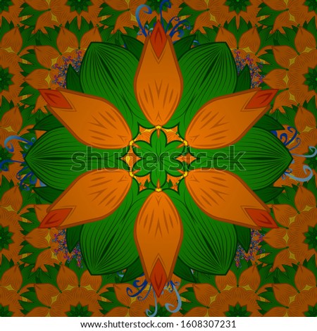 Vector pattern. Yellow, orange and green hand drawn pattern. Art inspiyellow, orange and green style flowers and leaves background. Doodle flowers seamless pattern.