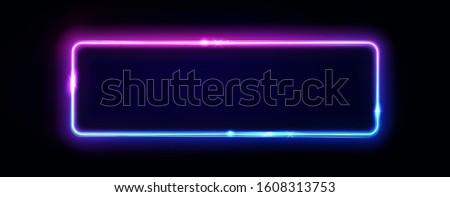 Neon rectangle frame or neon lights horizontal sign. Vector abstract background, tunnel, portal. Geometric glow outline shape or laser glowing lines. Abstract background with space for your text. Royalty-Free Stock Photo #1608313753