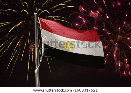 Egypt flag blowing in the wind at night with fireworks