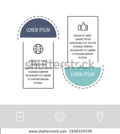 Vector infographic flat template. Shape with icons for two diagrams, graph, flowchart, step for step, timeline, marketing, presentation. Business concept with 2 labels