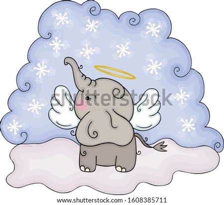 Winter illustration with cute angel elephant