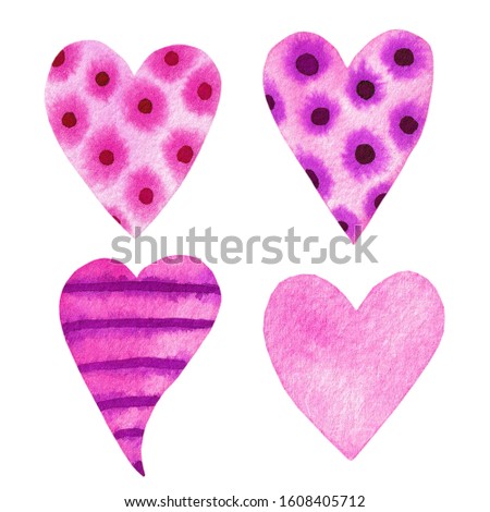 Set of hearts, watercolor hand painted pink and purple hearts, valentine’s day clipart, wedding clipart love