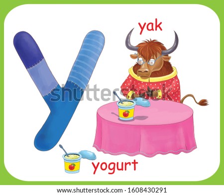English alphabet. ABC. Capital letter Y. Yak, yogurt. Coloring book. Coloring page. Illustration for children. Cute cartoon characters isolated on white background. Card. Poster 