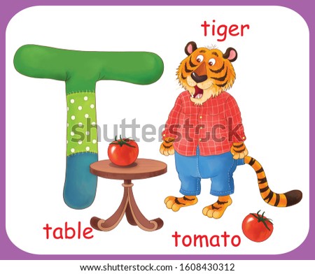 English alphabet. ABC. Capital letter T. Tiger, table, tomato. Coloring book. Coloring page. Illustration for children. Cute cartoon characters isolated on white background. Card. Poster 