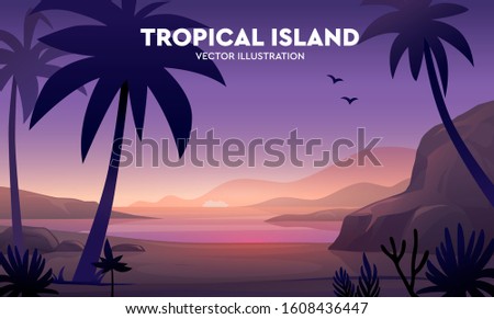 Tropical island. Illustration of palm trees and beach on sunset background. Vector nature landscape. Background for banner or website.