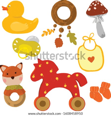 Children's toys. Set of illustrations from children's things. Gifts for the birth of a baby. Good for printing bedding, indoor wallpaper, fabrics.