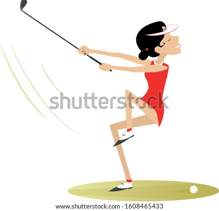 Smiling golfer woman on the golf course illustration. Cartoon smiling golfer woman aiming to do a good kick illustration
