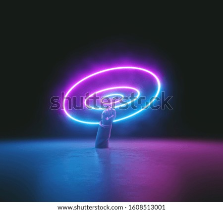 colorful abstract minimal neon background. mannequin hands with pink and blue glowing round rings. fashion concept. 3d rendering