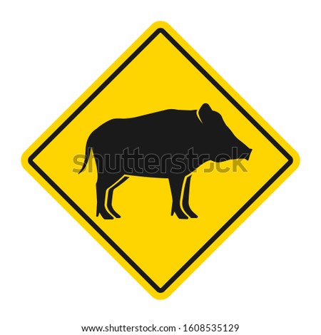 Wild animals yellow rhombus road sign. Silhouette of wild boar