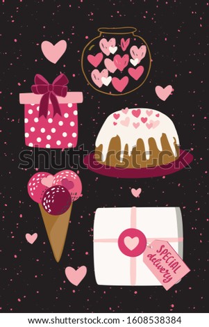 Valentine's day cute vector illustration with hand drawn scandinavian style clip art. Greeting card, poster, gift tag, shopping label, header and cover image design