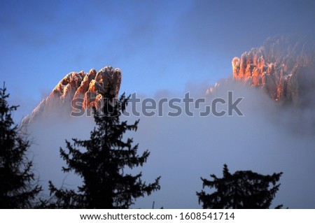 The peaks of the Sassolungo (Langkofel) mountain group in the Italian Dolomites stand out from the morning mist. Sassolungo or Langkofel is the highest mountain of the Langkofel Group in the Dolomites