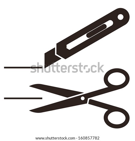 Cutter knife and Scissors symbol isolated on white backgroun