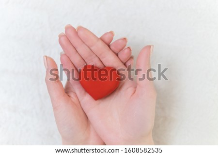Red heart on the palms of a young girl. Hands of a white girl holding a red heart. The concept of a love message. Declaration of love. Valentine's Day.