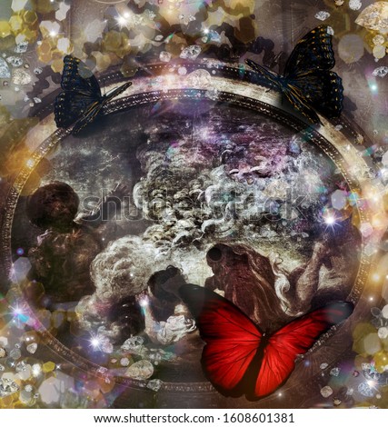 Digital artwork. Digital effects used. Tree butterflies on the vintage painting which is showing children. 