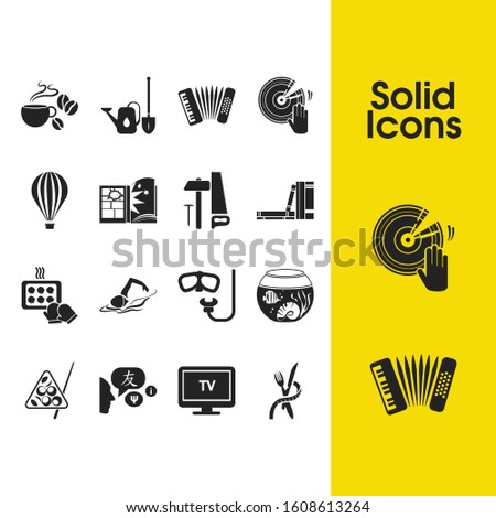 Activity icons set with billiard, accordion and coffee elements. Set of activity icons and turntable concept. Editable vector elements for logo app UI design.