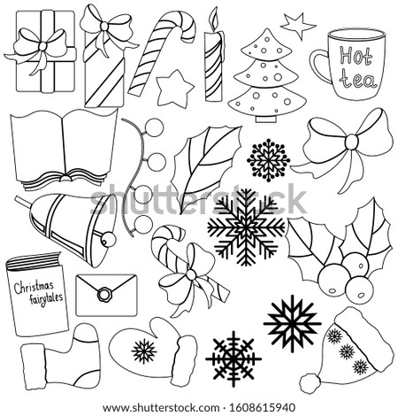 Christmas and New Year elements in black and white, set for greeting card design, isolate on a white background