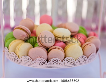 Shades of colorful Macaroons on Dessert Tray 